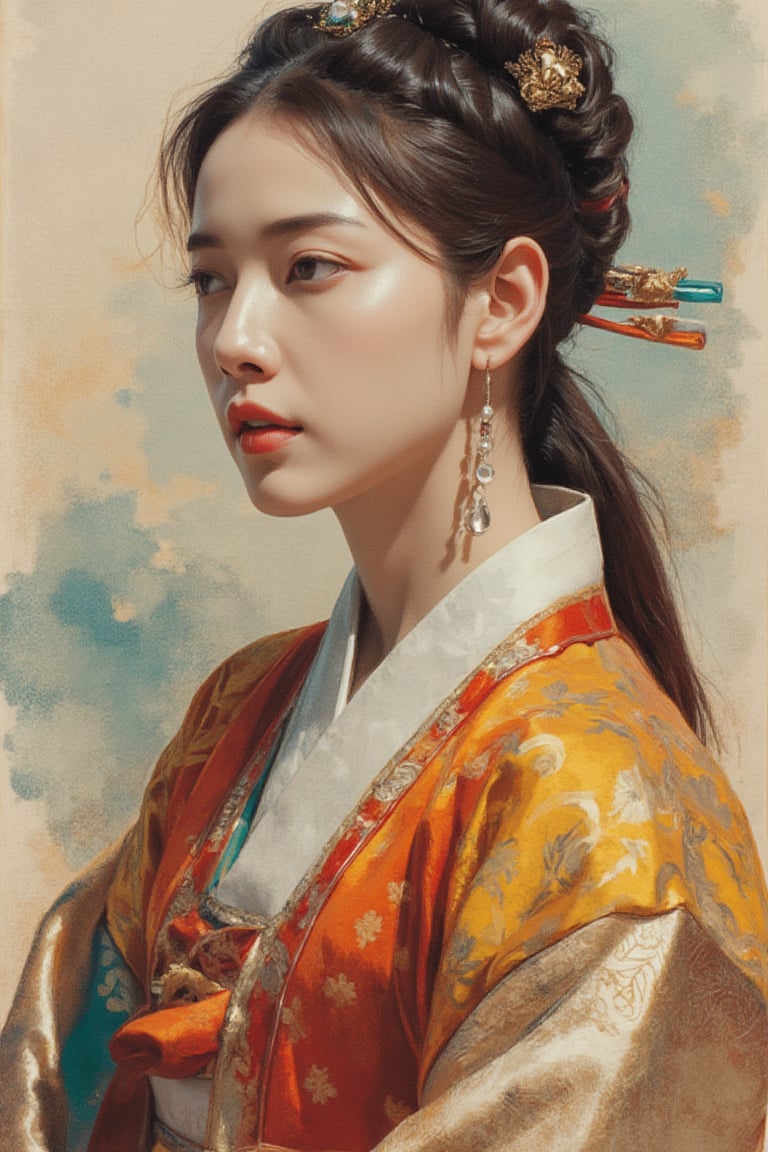 A beautiful European beauty, tall, sexy, and well-proportioned, wears ancient Korean-style clothes and a popular hairstyle. She embodies the casual, practical clothing and customs of ordinary people. The artwork, meticulously depicted in inks, pastels, and lacquers, showcases lifelike quality and masterpiece status. Full Body Display at 128K resolution captures colorful light wavelengths, mesmerizing reflections, and a delicate oil sketch in the center. Ancient art styles highlight beauty and sophistication.