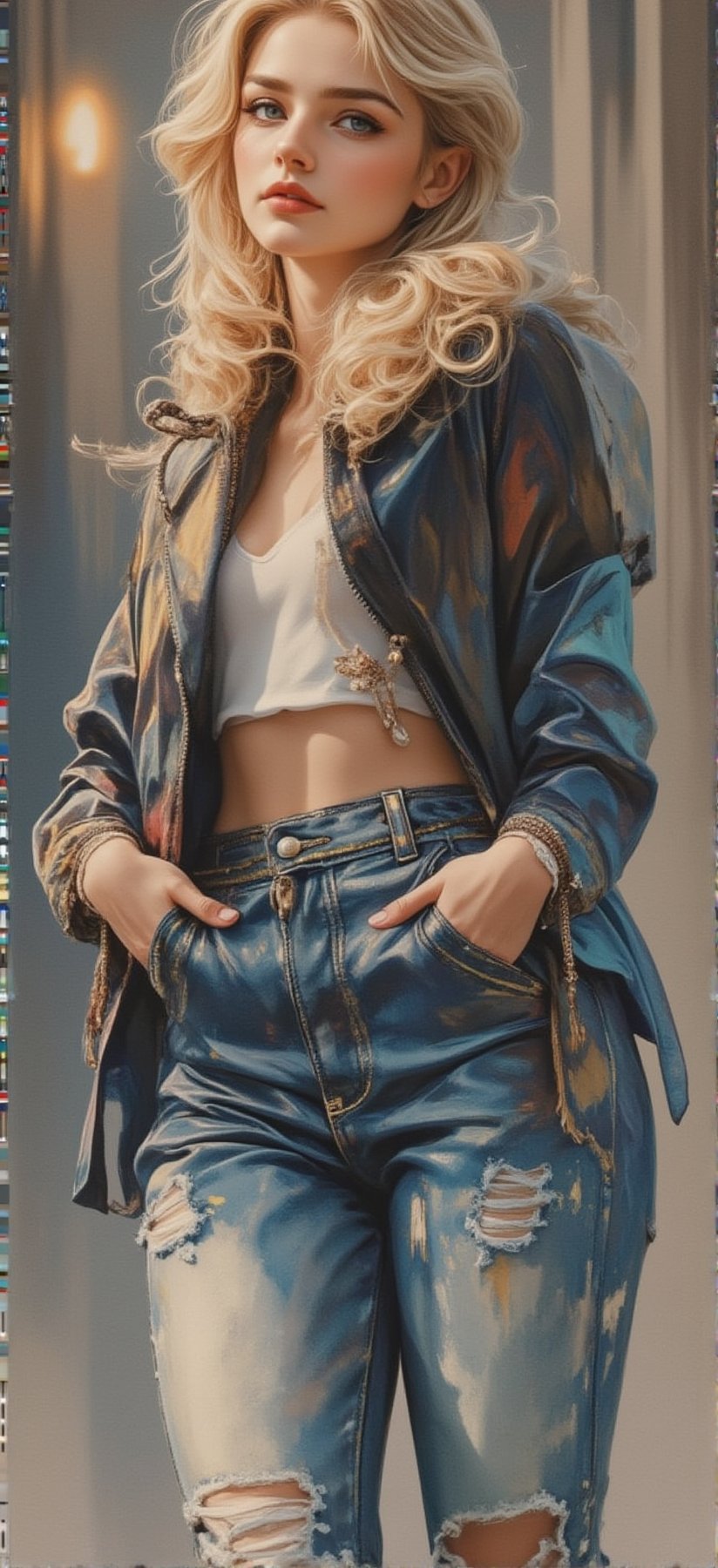 A beautiful European beauty with a tall, sexy, and well-proportioned figure, dressed in fashionable clothes with a stylish, aristocratic feel that is both casual and elegant. The artwork features a detailed, realistic depiction in watercolor and gouache, showcasing a lifelike quality and masterpiece status. The 128K resolution captures colored light wavelengths, attractive reflections, and a fine gouache sketch in the center. The modern art style highlights the beauty's allure and sophistication.