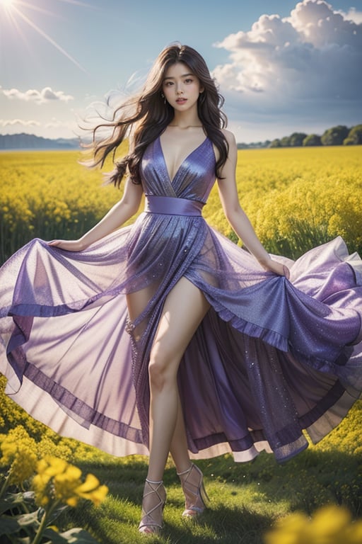 Korean supermodel, a beautiful woman, very beautiful, with very bright eyes. She has long purple wavy hair as beautiful as silk. The whole body is facing the camera, with beautiful eyebrows, beautiful purple-blue eyes (eyelashes are very long and dense), and the skin is very white. The body proportion is 1:8, the dress is very beautiful, wearing a princess skirt, wearing glass high heels, height 183 cm, weight 65 kg, super light and shadow. The background is light and space. Rapeseed flowers, yellow, very beautiful, swarms into a sea of ​​flowers, very beautiful, photo, photography professional effect