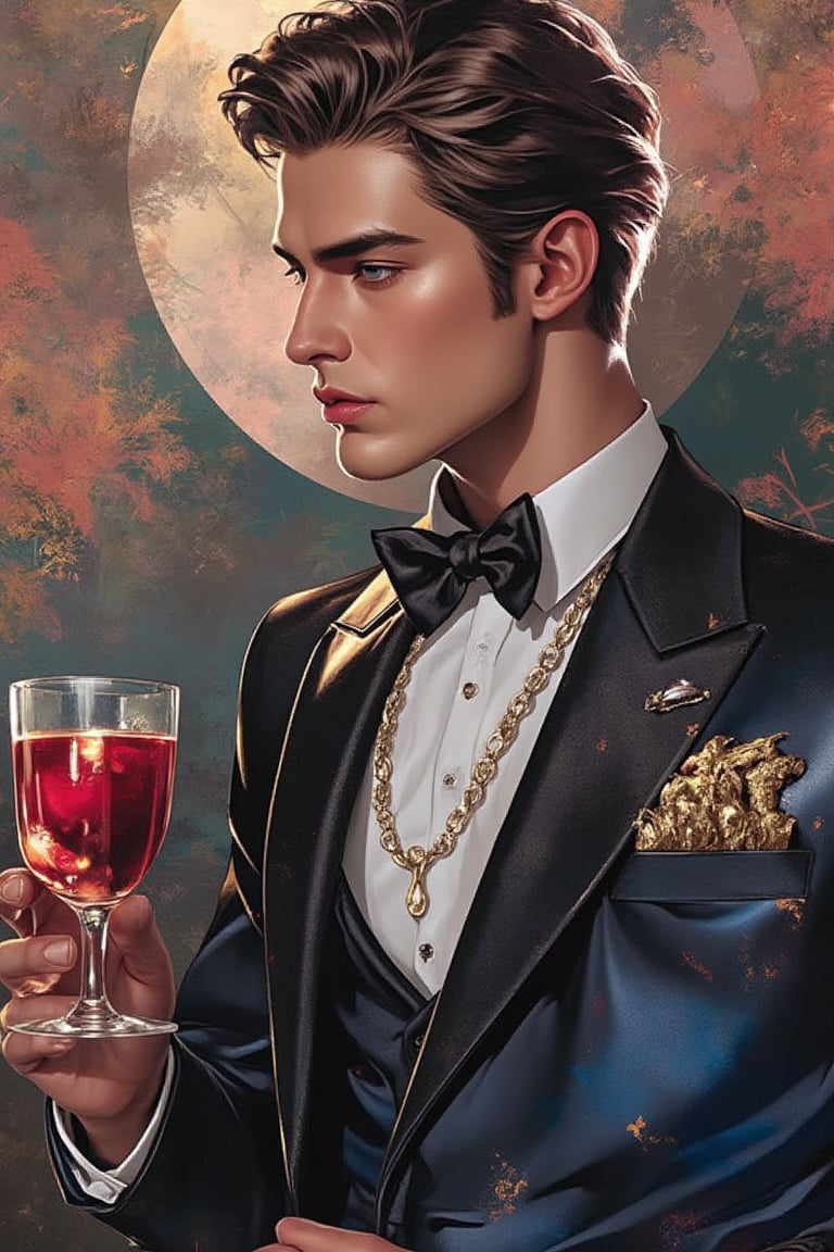 Emo handsome European guy with a tall, sexy, and well-proportioned figure, wearing fashionable clothes to attend a high-end cocktail party, exuding a luxurious and elegant aristocratic atmosphere, inspired by the most popular Paris and Italian fashions. Artwork meticulously and realistically depicted in watercolor and gouache, displaying lifelike quality and masterpiece status. 128K resolution captures colorful light wavelengths, mesmerizing reflections, and delicate gouache sketches of his entire body. Modern art style highlights beauty and sophistication.