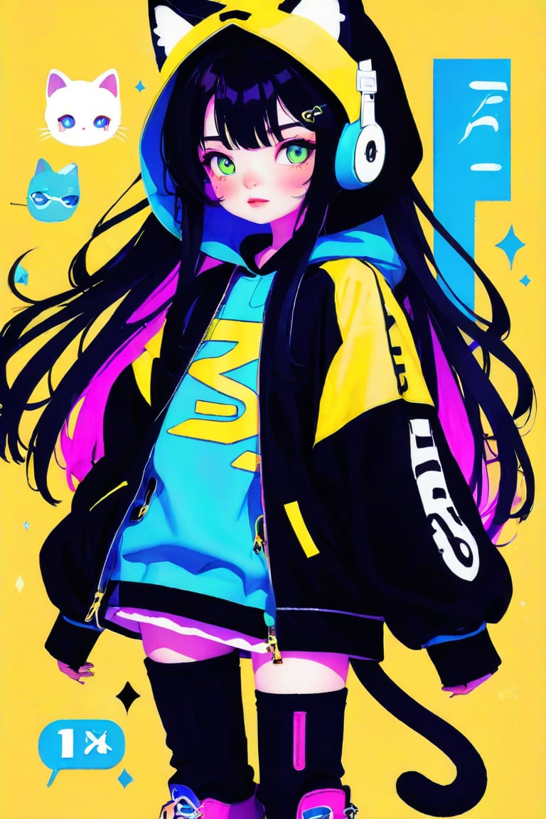 Taiwanese vtuber, 1girl, beautiful anime character, beautiful green eyes, air bangs, lollipop punk fashion, cute cartoon ello kitty shaped hoodie, cat earmuffs, pastel color clothes based on yellow and black , soft mood fashion, anime print shirt, gothic style tights, long combat boots, score_8, score_7_up, dal-7 style, blue mood, mood, modern art style, vspop, 2.5D three-dimensional style, illustration, ek_an1_b00ster