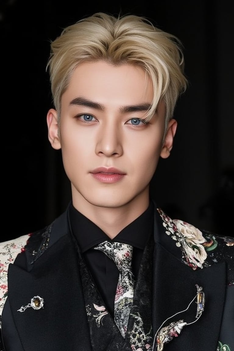 Anime-style solo singer, depicted as an unkempt man with French gentleman aesthetics. Short hair, eyeliner, and rococo makeup embody moody nobility. Wearing a chic black and white suit, dragon gold-patterned tie, titanium watch, earrings, and luxurious silver lapel pin chain. A floral handkerchief peeks from his chest pocket, highlighting his soft blonde hair, sharp blue eyes, long legs, and tall, handsome figure. The scene captures the essence of rococo chic, blending refined details with elegance and avant-garde. Full body. Sometimes you sit, sometimes you stand sometimes you lie: