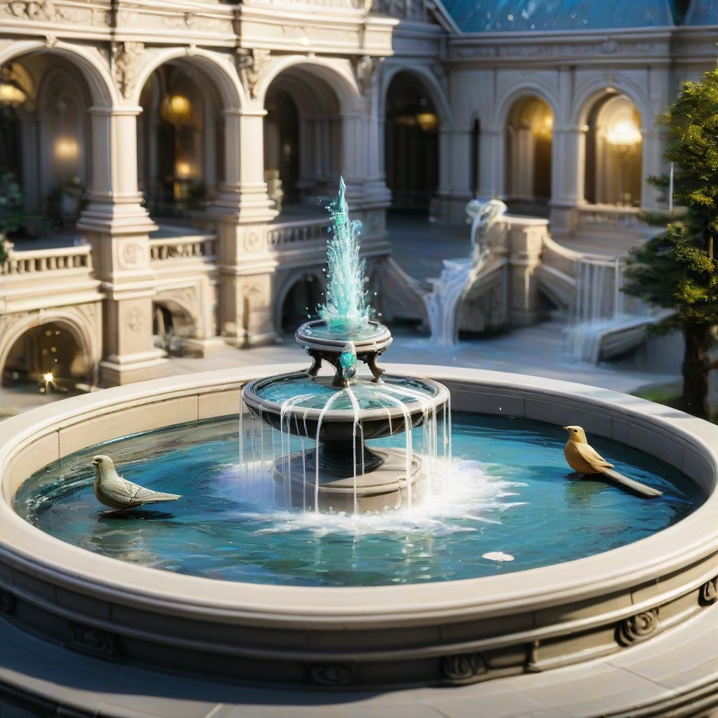 Europe's ultra-luxurious and large-scale palace fountains, artworks, Renaissance, sculptures, isometric, miniature, tilt-shift, architectural textures and building materials are all very detailed. Th3Dru1d5. Birds are taking a bath.
The background is: a large and luxurious palace, with a palace-to-fountain ratio of 200:1 (the same size as the British Royal Palace), light and shadow.
Super high quality clearly detailed masterpiece. Everyone who saw this scene was amazed.,noc-space