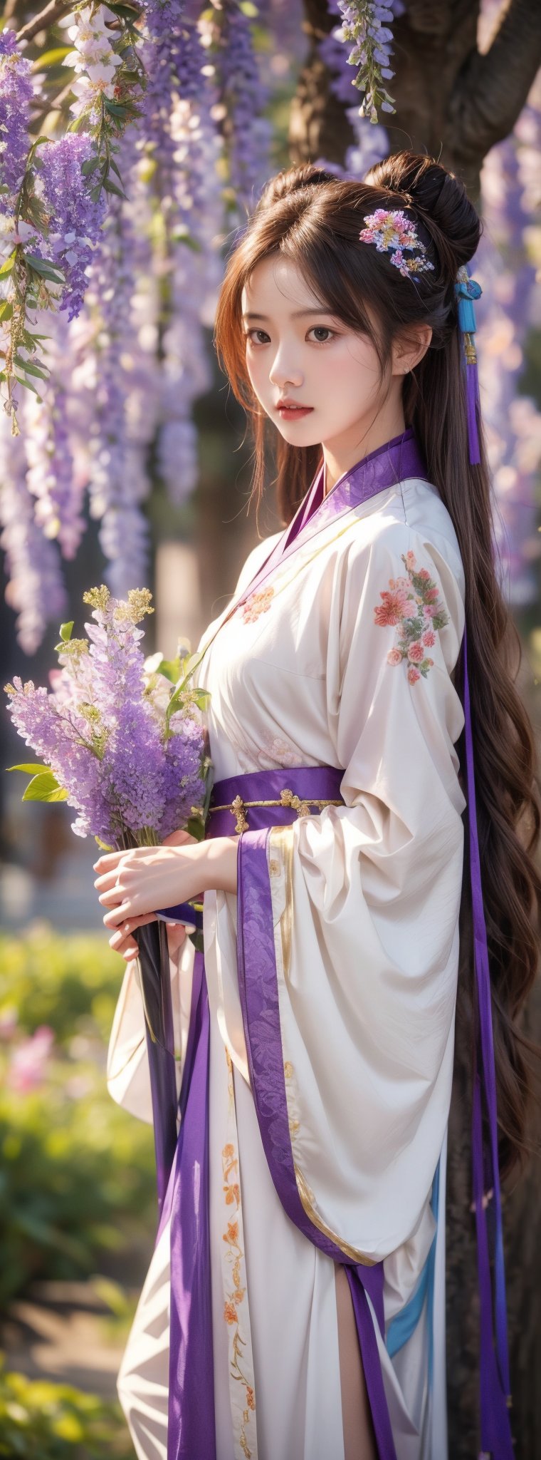 1girl, solo, long hair, looking at viewer, brown hair, hair accessory, long sleeves, dress, holding, weapon, flower, sword, wide sleeves, water, bun, holding weapon, belt, petals, girl holding Wearing swords, Chinese clothes, single buns, falling flowers, Hanfu, wisteria, holding swords to perform sword dance, watching the audience, light and shadow, masterpiece. Highest quality.