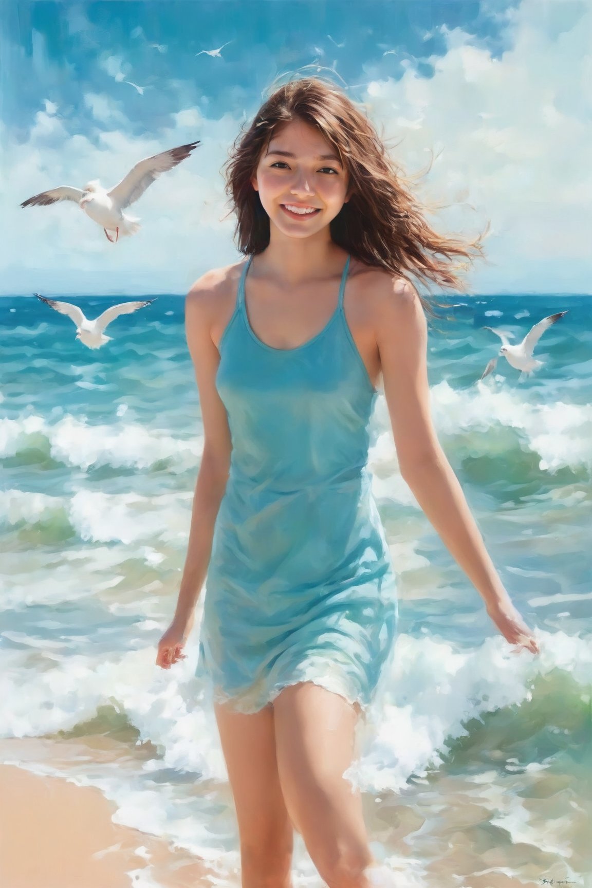 Painting depicting athletic female teenager, dynamic pose, joy, seagulls, crabs, seashells, strong ocean waves, blue sky, style of Paul Hedley, happy celebration of nature, Mark Large, Jessica DeRosen, vintage Aesthetics, Automatism, MediumTurquois, SkvBlue and Color Palettes.