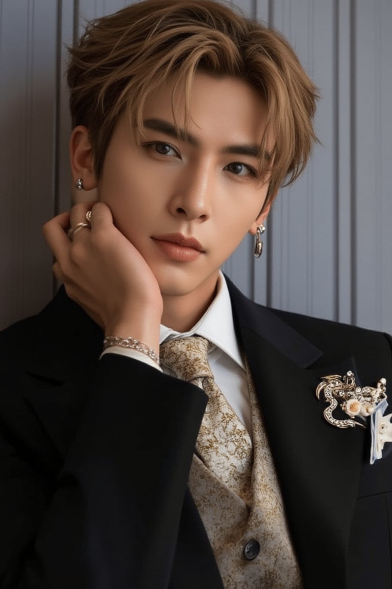 Anime-style solo singer, depicted as an unkempt man with French gentleman aesthetics. Short hair, eyeliner, and Rococo makeup embody emotional nobility. Wearing a chic black and white suit with a dragon-patterned gold tie, titanium watch, earrings, and luxurious silver lapel pin chain. A floral handkerchief peeks out from his chest pocket, highlighting his soft blonde hair, sharp blue eyes, long legs, and tall, handsome figure. The scene captures the essence of Rococo chic, with exquisite details blending elegance and avant-garde. Full body. Sometimes you sit, sometimes you stand sometimes you lie down.