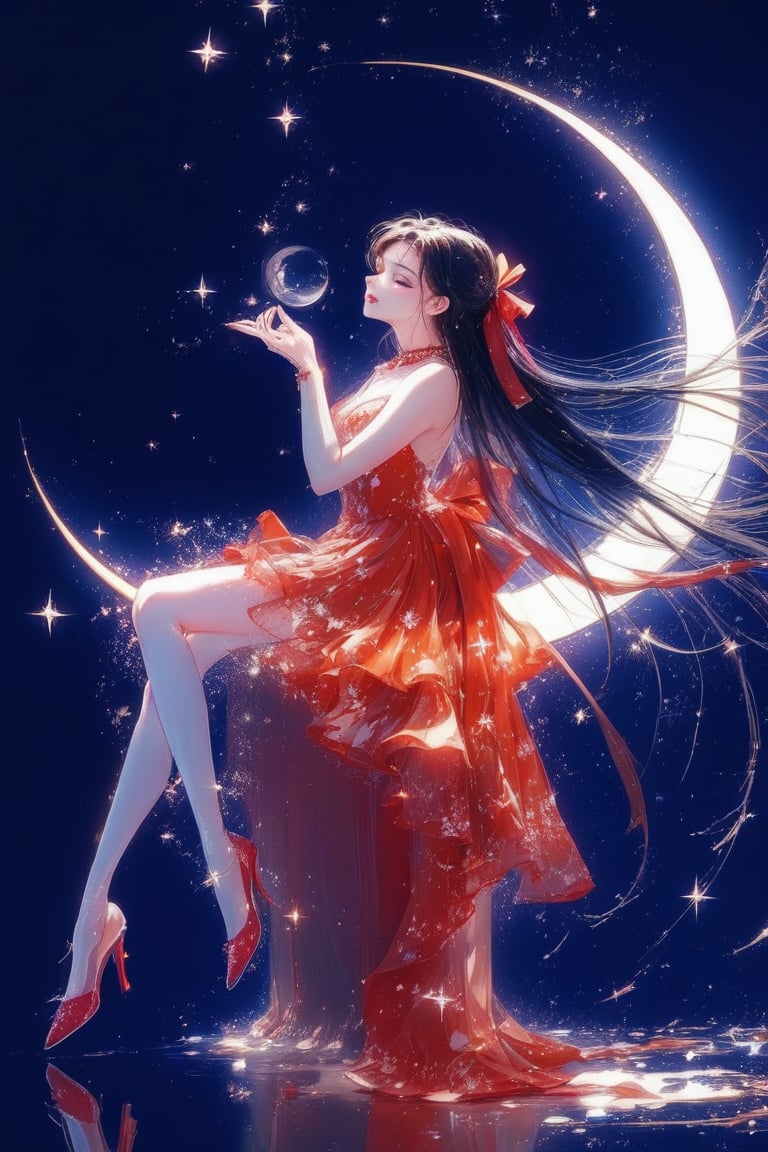 1girl, solo, long hair, black hair, dress, bow, bare shoulders, jewelry, sitting, very long hair, full body, closed eyes, hair bow, earrings, star \(symbol\), red bow, high heels, from side, sparkle, strapless, profile, moon, red dress, crescent, red footwear, strapless dress, half updo, stairs, backless dress, crescent moon,Anime Style.