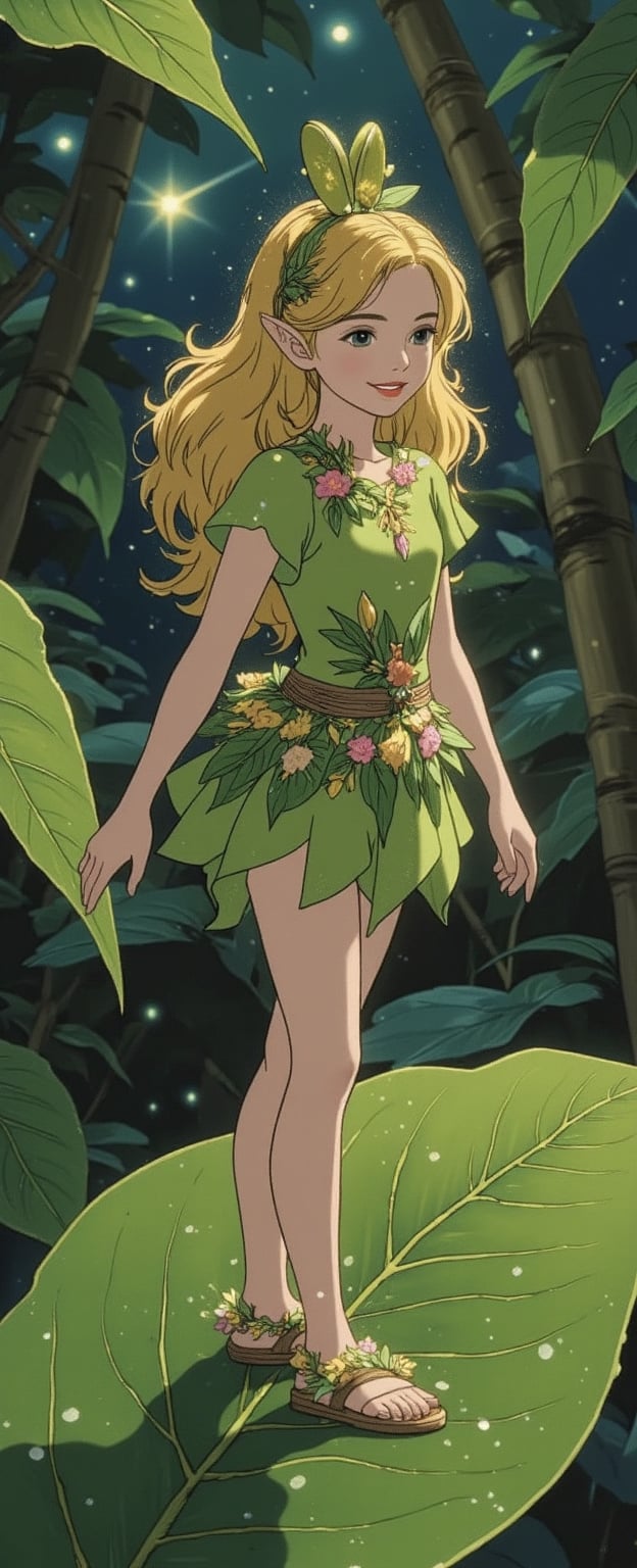 In the jungle. On a large leaf,  there is a cute little female elf. She is wearing flower clothes and shoes made of small...
