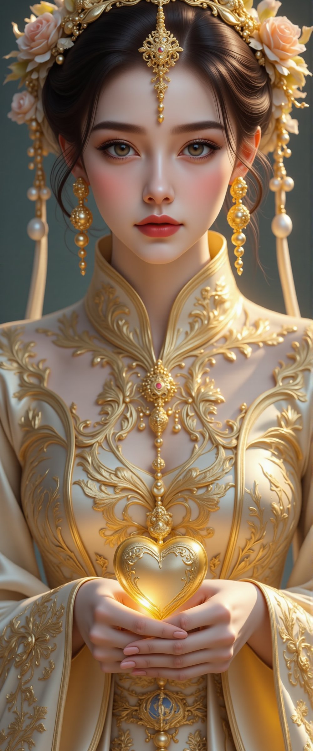A beautiful and charming woman holds a heart-shaped gold heart in her hands (metal reflection).She sadly looked at the pur...