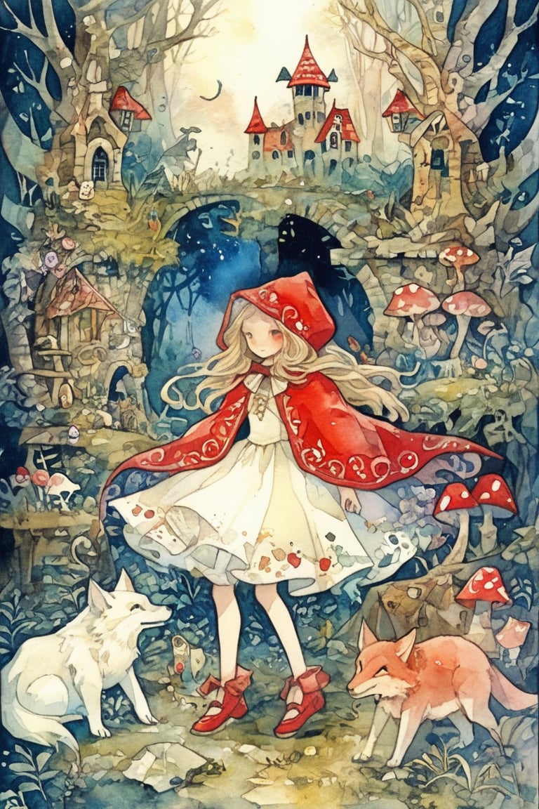 Illustrations of fairy tales from all over the world, myths of another world,
Pagan style graffiti art, general, forest ruins background, etyria,
1boy, Little Red Riding Hood, Big Bad Wolf, masterpiece, best quality, very beautiful, absurd, super detailed, watercolor\(中\), Dreamyvibes Artstyle,