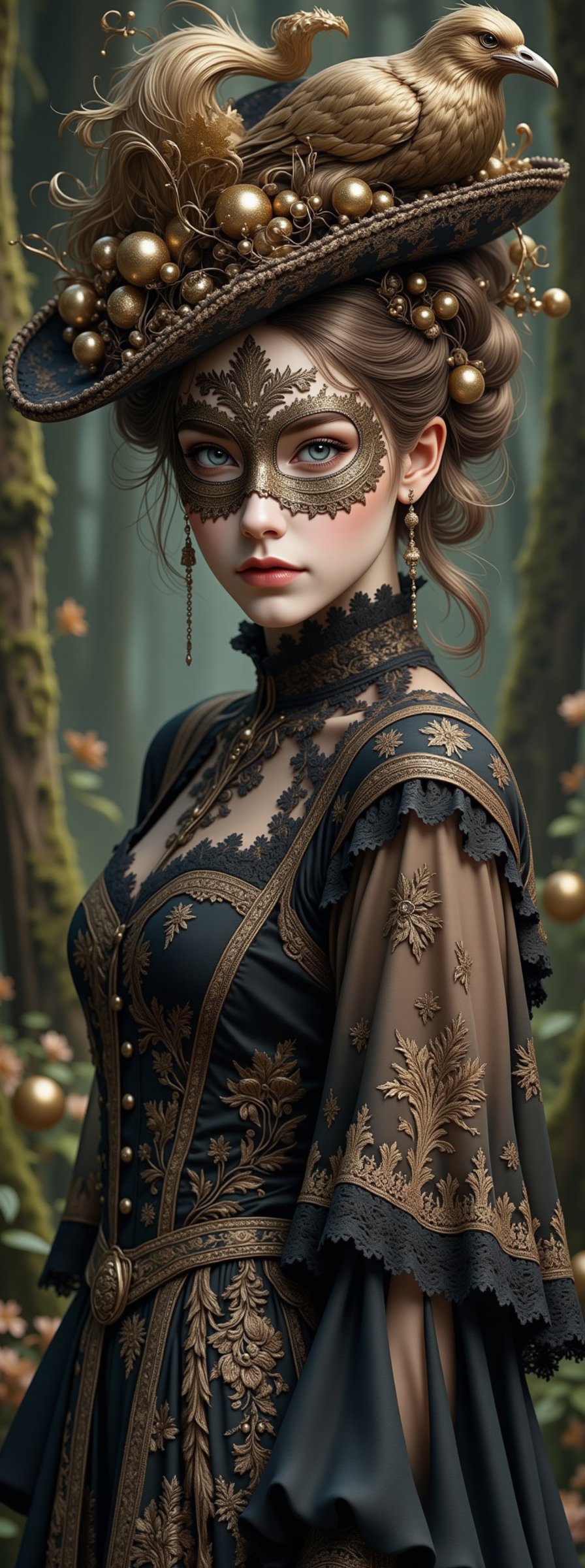 Medium close-up of a person wearing a lace pointillism mask,  intricately painted and sewn mask,  dreamy gothic girl by An...