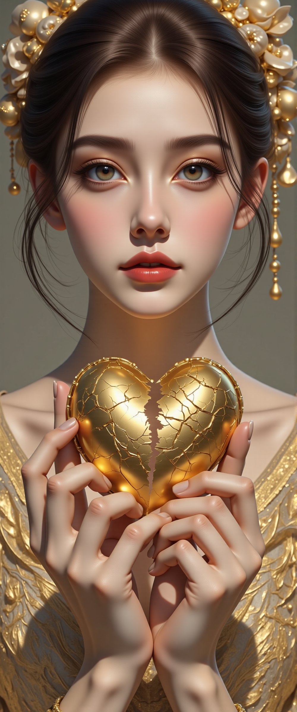 A beautiful and charming woman holds a heart-shaped gold heart in her hands (metal reflection).She sadly looked at the pur...