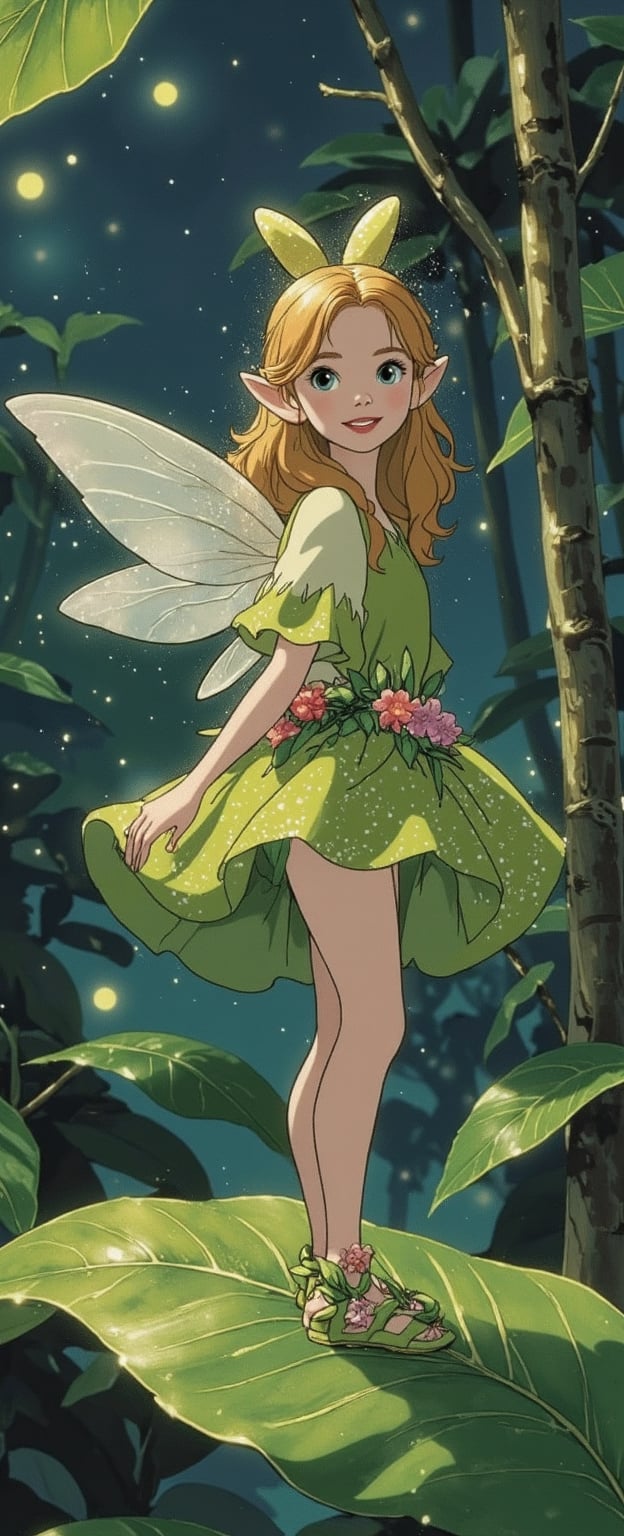 In the jungle. On a large leaf,  there is a cute little female elf. She is wearing flower clothes and shoes made of small...
