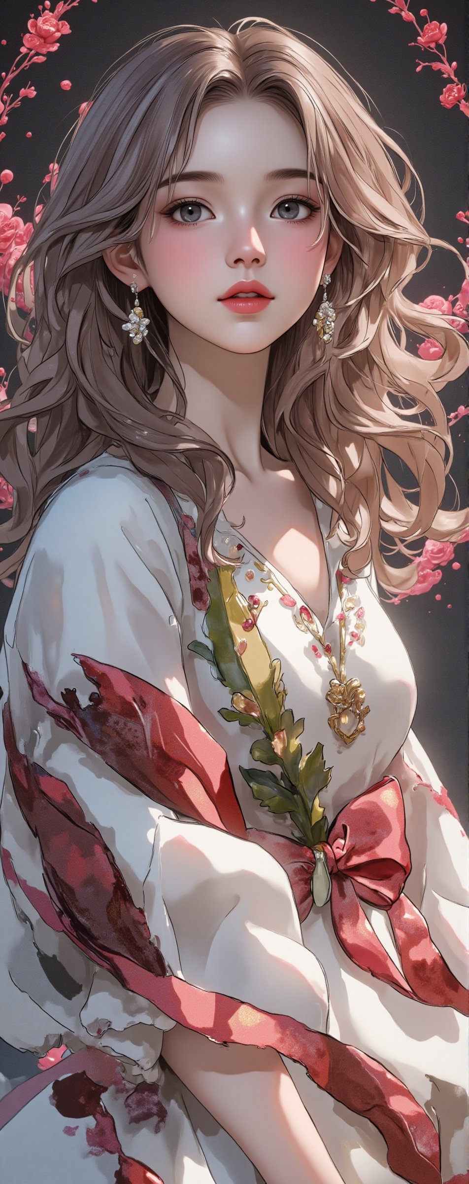 Illustration of a beautiful and charming 19 year old woman with dream elements,  light red,  light black and rainbow cryst...