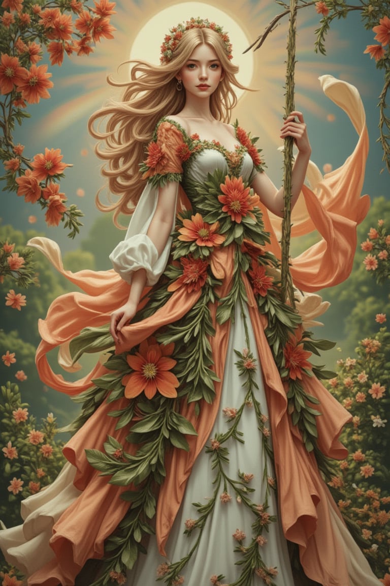 A beautiful and charming 19-year-old woman in Europe, with silky long wavy hair that changes color to match her clothes. She wears a floral dress made of autumn maple leaves, winter cherry blossoms, and spring four-leaf clovers, with new flowers appearing according to her moods. The floral outfits are all made of flowers, leaves, and grass, with no fabric. Beautiful macro photography showcases super detailed and intricate details, perfectly interpreted in Rococo art. The girl smiles happily, displaying her full body as she dances wonderfully, with shoes made of flowers and plants. Her mother, an elf, causes beautiful rainbow lights and fantasy backgrounds to appear around her whenever she smiles.