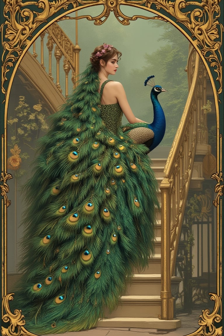 A high-scoring artwork (score_9, score_8 up, score_7 up) featuring a single girl, no humans, with peacocks having shiny feathers and stairs as the main focus. The animal focus is enhanced, created using digital art techniques, and inspired by Alphonse Mucha, Boris Valejo indecent illustration, and Anne Boonchuy. The art_booster and BlackworkSd styles are enabled, with Express Turn in Google Translate, and all elements are enhanced by the Rococo style.