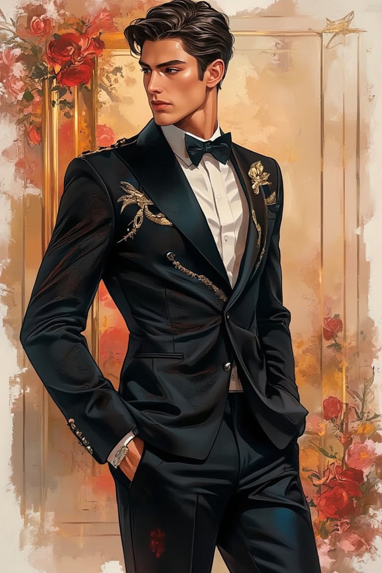 Emo handsome European guy with a tall, sexy, and well-proportioned figure, wearing fashionable clothes to attend a high-end cocktail party, exuding a luxurious and elegant aristocratic atmosphere, inspired by the most popular Paris and Italian fashions. Artwork meticulously and realistically depicted in watercolor and gouache, displaying lifelike quality and masterpiece status. 128K resolution captures colorful light wavelengths, mesmerizing reflections, and delicate gouache sketches of his entire body. Modern art style highlights beauty and sophistication.,Glass