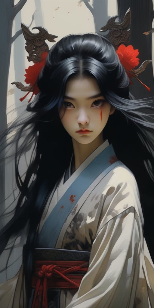 (An ethereal soft-light fairy tale created by Nicola Samori and JC Leyendecker), an animated 16-year-old girl from the Han Dynasty in China, with long black hair flying in the flowing wind, beautiful and smart big black eyes, long and dense eyelashes, and a beautiful appearance , but because of the gloomy atmosphere, her eyes are beautiful but contain a keen murderous intent. Looking at the audience, the audience can also feel the murderous intent in her eyes. Standing in the dark forest, holding the bloody long sword of the Han Dynasty. The light of the sword shines in the darkness. The long sword has been unsheathed. The whole sword is covered with splatters of red blood. It is made of navy blue silk. Because of the golden silk threads of the clothes, Hanfu shines in the dark, and the red decoration of the other side of the flower hints at death!, (Darkness + Gothic, + Ominous background: Color Ink Design 1.4), more details XL