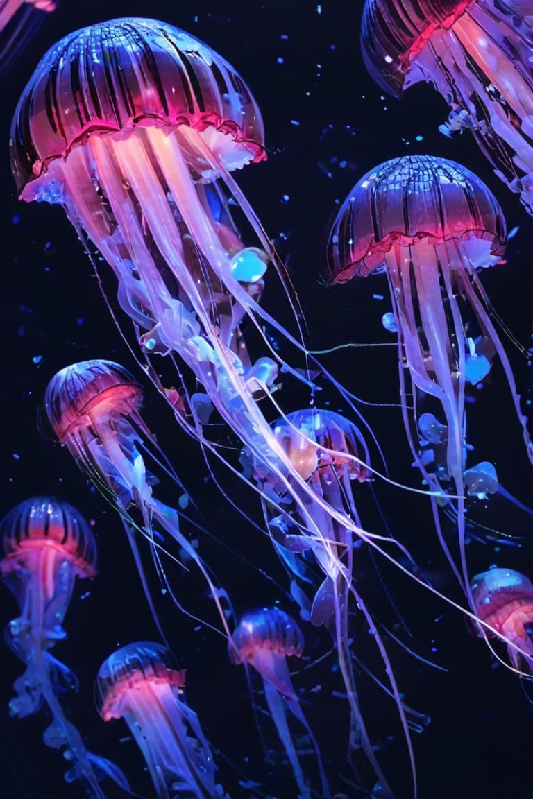 Photo RAW, (black and pink and iridescent: ghostly jellyfish, smooth arcs, numerous jellyfish, each color is different, shiny and transparent jellyfish, highly detailed, glowing filaments, complex patterns , jellyfish are poisonous, will keep their distance from each other, not too close, glowing stardust, perfect composition, smooth, sharp focus, sparkling particles, vivid coral reef background realistic, realism, HD, 35mm photo, 8k) , masterpiece, award-winning photography, natural light, perfect composition, high details, surreal, bright colors, light and shadow, it is a masterpiece.