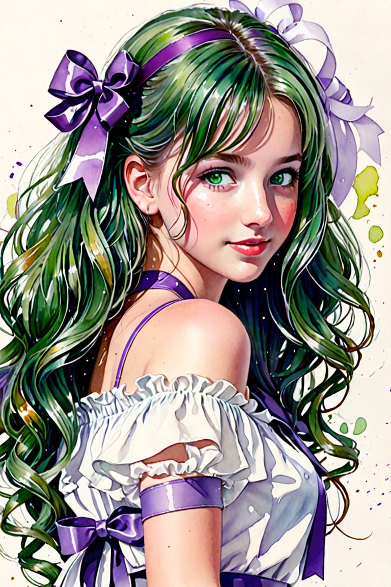 (Author Conrad Rosset), (1949s, 17-year-old girl, cute smile, green eyes, long curly hair, p(Author Conrad Rosset), (1949s, 17-year-old girl, cute smile, green eyes, long curly hair, purple hair, white ribbon, wink), mixed color watercolor, painting, (deliberately beautiful), Full body, carrying a small handbag.urple hair, white ribbon, wink), mixed color watercolor, drawing, (deliberately beautiful),