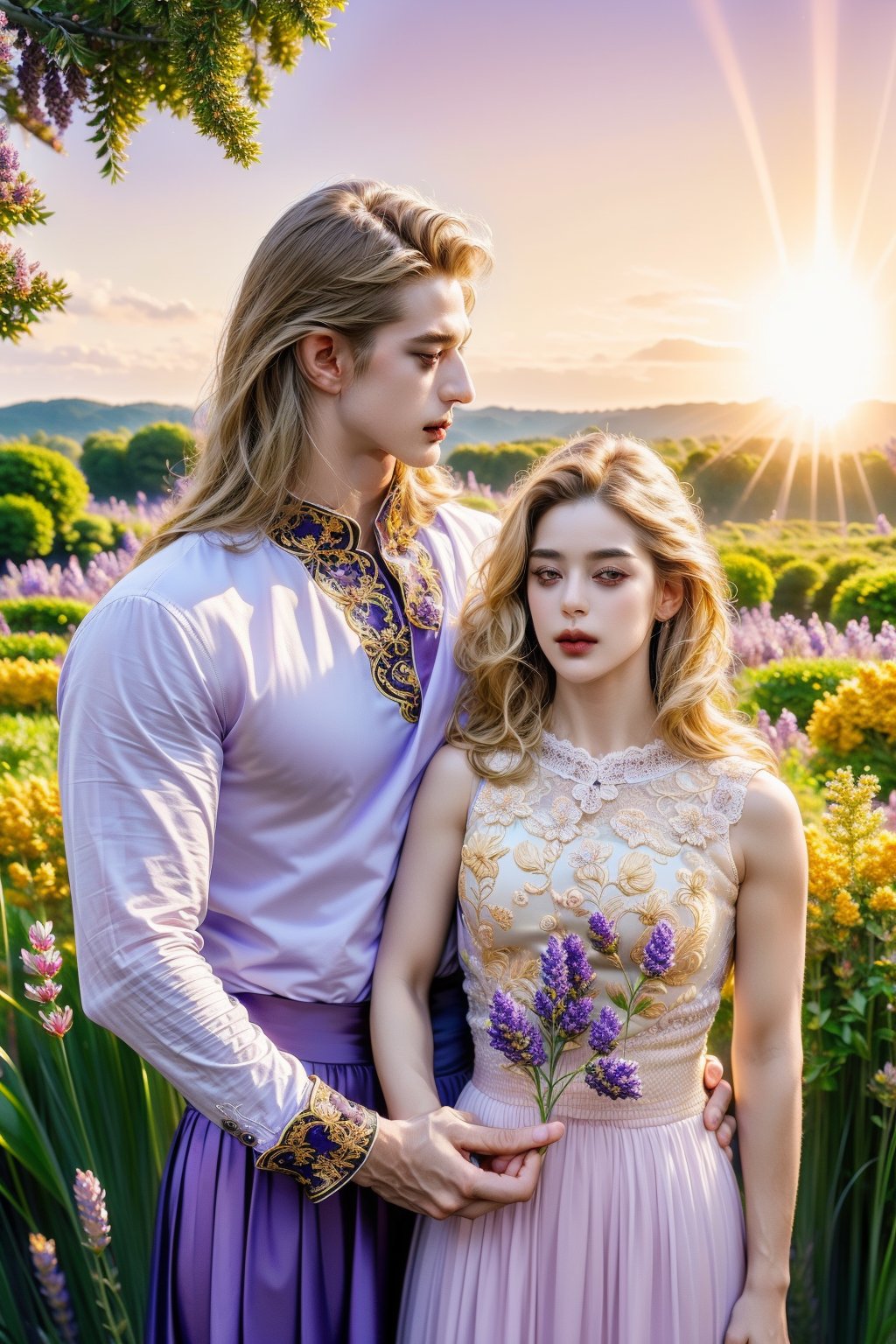 1 Handsome Man and 1 Beautiful Woman (Ultra High Quality Detailed), (World Class Masterpiece, Official Art: 1.4), (High Quality: 1.3), High Quality Effects of the Movie, Both the Girl and the Boy's Faces are Beautiful ((((But men are masculine and handsome)))). Big purple eyes, long and thick eyelashes (perfect eyes, perfect face: 1.3), passionate couple, romantic and sexy scene, wonderland, hugging each other, looking at each other with deep love, the girl puts her hands towards The boy puts his arms around the neck, and the boy puts his hands around the girl's waist. The two kiss passionately and dynamically. 8K quality, (warm light, mountains and valleys, the silhouettes of the sun and the moon kiss romantically in the sky, both during the day) Wand Night, Heart, (Panagia, Perfume Lily, Lavender, Rose, Sea of ​​Flowers: 1.3), Stunning Light, Wind Blowing, Sharp Focus, Extremely Detailed CG, (Perfect Hands, Perfect Fingers, Beautiful hands), realistic, (1 girl with shiny golden silky long wavy hair, wearing a beautiful lace dress: 1.4), (1 short blond hair, sharp eyebrows, handsome eyes, half-naked boy with eight-pack abs :1.4), ((rococo style), sweet)), creative fantasy glow effect, perfect shadow, perfect light and shadow, spring, bloom, (wind of color: 1.3), HD super clear.