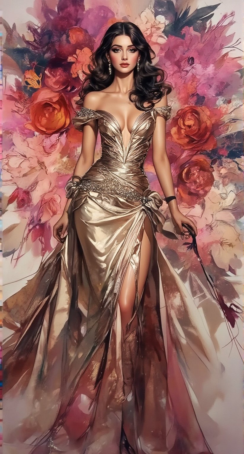 A beautiful European beauty with a tall, sexy, and well-proportioned figure, dressed in fashionable clothes for a high-end cocktail party, exuding luxury and elegance with an aristocratic feel inspired by the most popular Paris and Italian fashions. The artwork features a detailed, realistic depiction in watercolor and gouache, showcasing a lifelike quality and masterpiece status. The 128K resolution captures colored light wavelengths, attractive reflections, and a fine gouache sketch of her full body on display. The modern art style highlights the beauty's allure and sophistication.,Glass