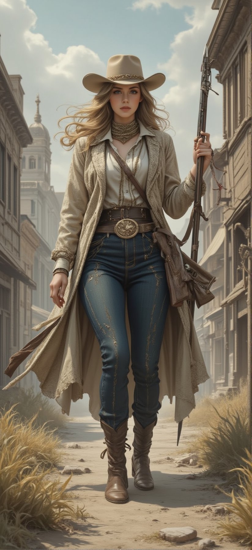 On the journey to expand the wilderness, a beautiful and charming American girl was wearing a cowboy outfit from the 1881 AD era. She had two mid-length guns and a cowboy belt on her belt. She also had a magazine on her belt. She was wearing a cowboy hat because the sun was very bright. But her facial features are exquisite and three-dimensional, her face, tall and well-proportioned figure look beautiful in jeans, and her identity is very mysterious. That era was very barbaric and life was difficult, so her white and tender skin attracted everyone's attention. Everyone is coveting her beauty, but her spear skills are very good and she has martial arts, so everyone only dares to look at her. A girl is riding a black horse. She is very strong. She is holding the horse's rope and walking. Walking through the villages and towns, the landscape of the villages and towns is still very distinctive with retro western-era buildings and desolate landscapes. Cowboy shooting, westernism. American retro art. Brutalist style.