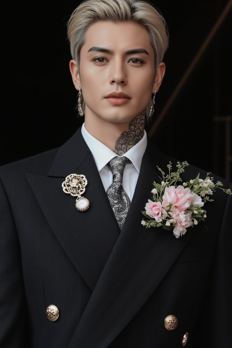 Anime-style solo singer, depicted as an unkempt man with French gentleman aesthetics. Short hair, eyeliner, and rococo makeup embody moody nobility. Wearing a chic black and white suit, dragon gold-patterned tie, titanium watch, earrings, and luxurious silver lapel pin chain. A floral handkerchief peeks from his chest pocket, highlighting his soft blonde hair, sharp blue eyes, long legs, and tall, handsome figure. The scene captures the essence of rococo chic, blending refined details with elegance and avant-garde. Full body. Sometimes you sit, sometimes you stand sometimes you lie: