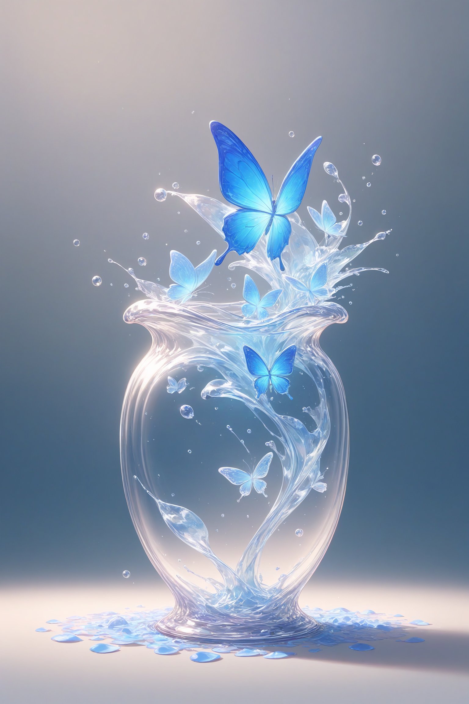 {Elegant crystal glass magnum with beautiful curves filled with marbled light orange and white and blue liquid (clear) forming the shape of a butterfly. Butterflies and textures. Smooth insect silhouettes with undulating dynamic movement. Pastel petals float around the vase. }