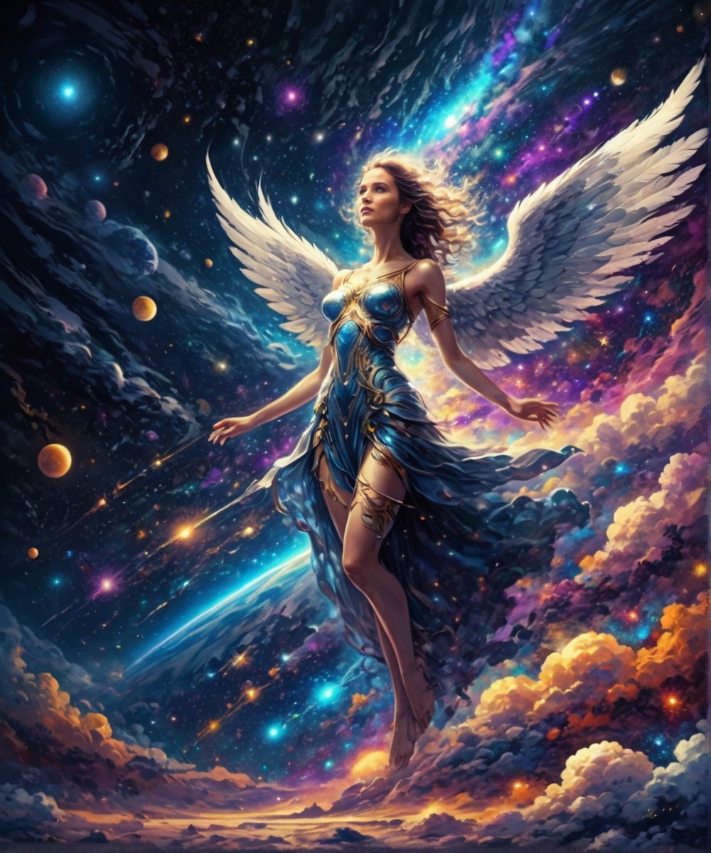 Another vibrant cosmic galaxy, dark color palette, high resolution and contrast and color contrast, complex textures and extremely subtle details, a beautiful female angel with full body glow floating in the universe, side light, super quality , exquisite works of art