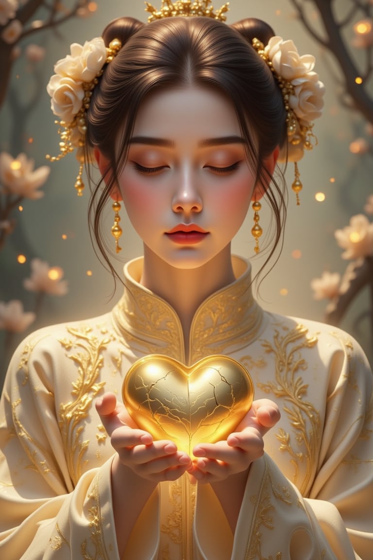 A beautiful and charming woman holds a heart-shaped gold heart in her hands (metal reflection).She sadly looked at the pur...