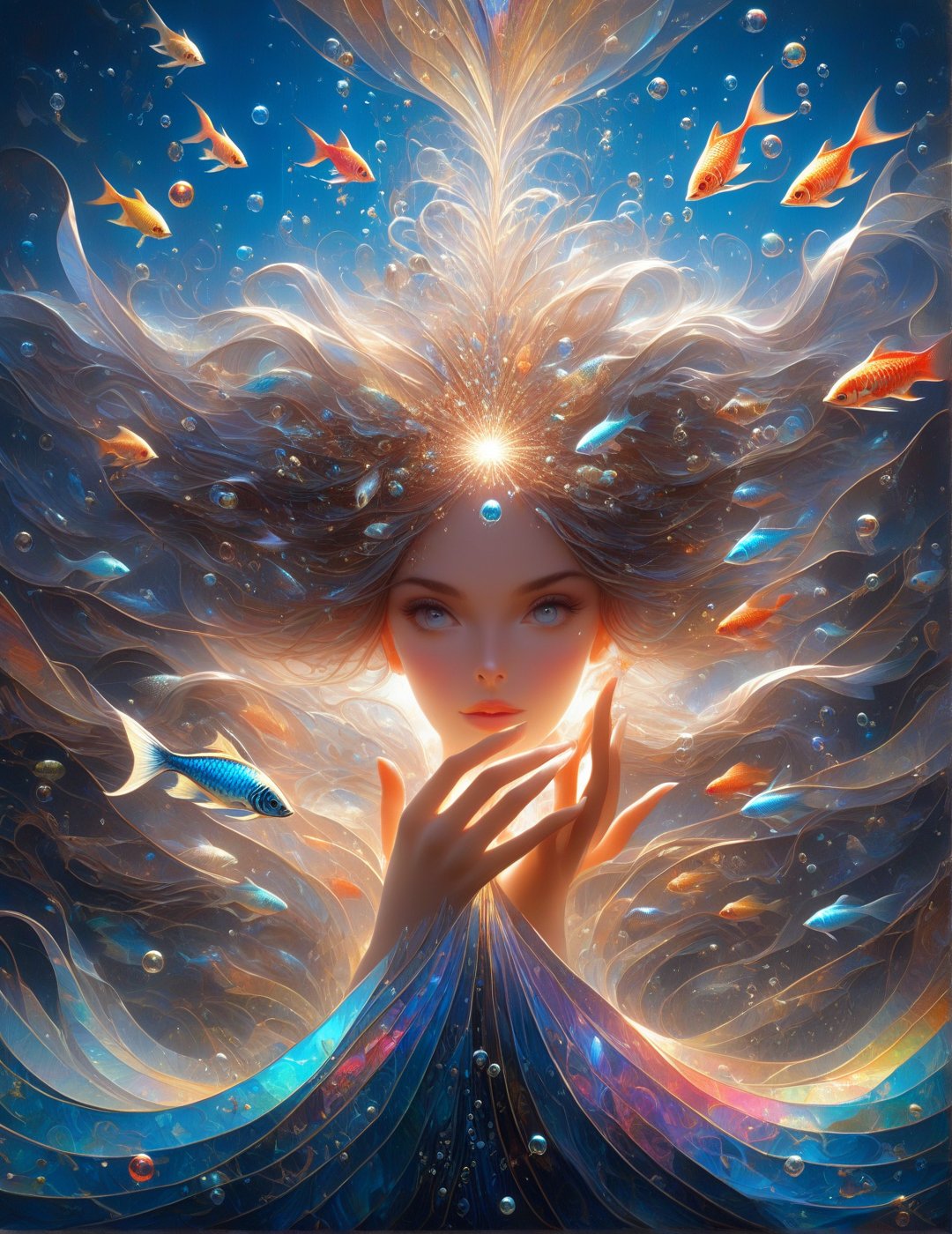 symphony, beautiful female enjoying music, playing with an exotic fish, ((Vibrant depictions of sound wawes)) waves forming music notes, colorful marine creatures, water bubbles, symphony, sweet expression, symphony of waves, sea melodies, surrounded  by waves forming intricate sonic patterns, wide angle, vivid colors, 8k, inspired by Michael Cheval, beautiful eyes, perfect hands, beautiful face + symmetrical face,  highly detailed, intricate complexity, juxtaposing, epic composition, magical atmosphere + masterpiece, perfect hands+five fingers hands, (intricate detail), (super detailed), 8k hdr, high detailed, soft cinematic lighting, atmospheric perspective,ray tracing, underwater world background,ray tracing, perfec teyes, 8K, Film Poster, Her iridescent scales shimmer with a pearlescent glow, perfecteyes, absurdity, Magical Fantasy style,d1p5comp_style