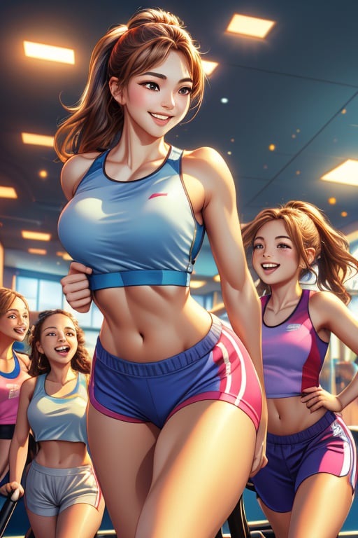 A masterpiece in 3D rendering, featuring an exceptionally handsome Korean supermodel, exuding youthful vigor as he runs on a treadmill in a fitness center. His attire consists of a sporty top and shorts, perfectly complementing his athletic build and radiant, sweat-glistening skin. His chiseled features and joyful expression draw the attention of several enthusiastic girls who gather around him, eager to engage in conversations about fitness tips. The scene is illuminated with dynamic lighting, casting soft shadows that enhance the depth of his features and the warmth of the interaction. The atmosphere is lively and cheerful, capturing a moment of shared passion and camaraderie in the bustling fitness environment.