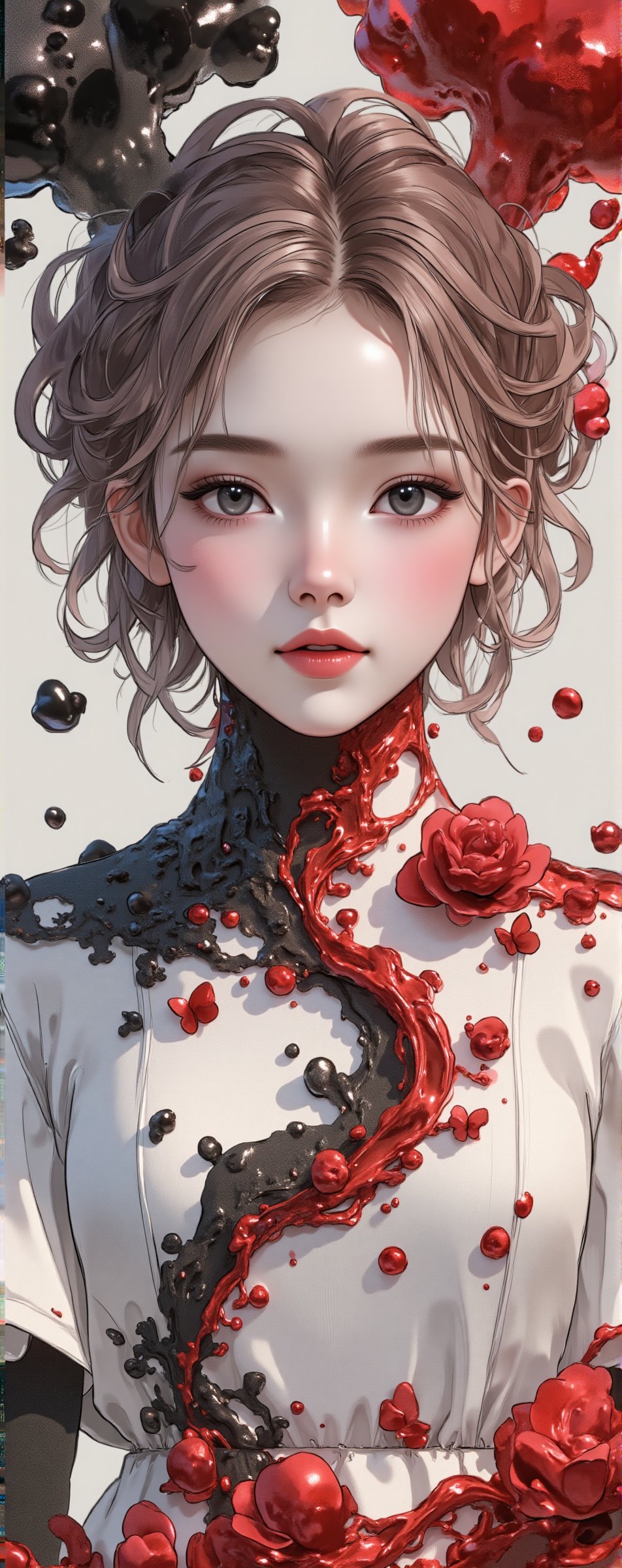 Illustration of a beautiful and charming 19 year old woman with dream elements,  light red,  light black and rainbow cryst...
