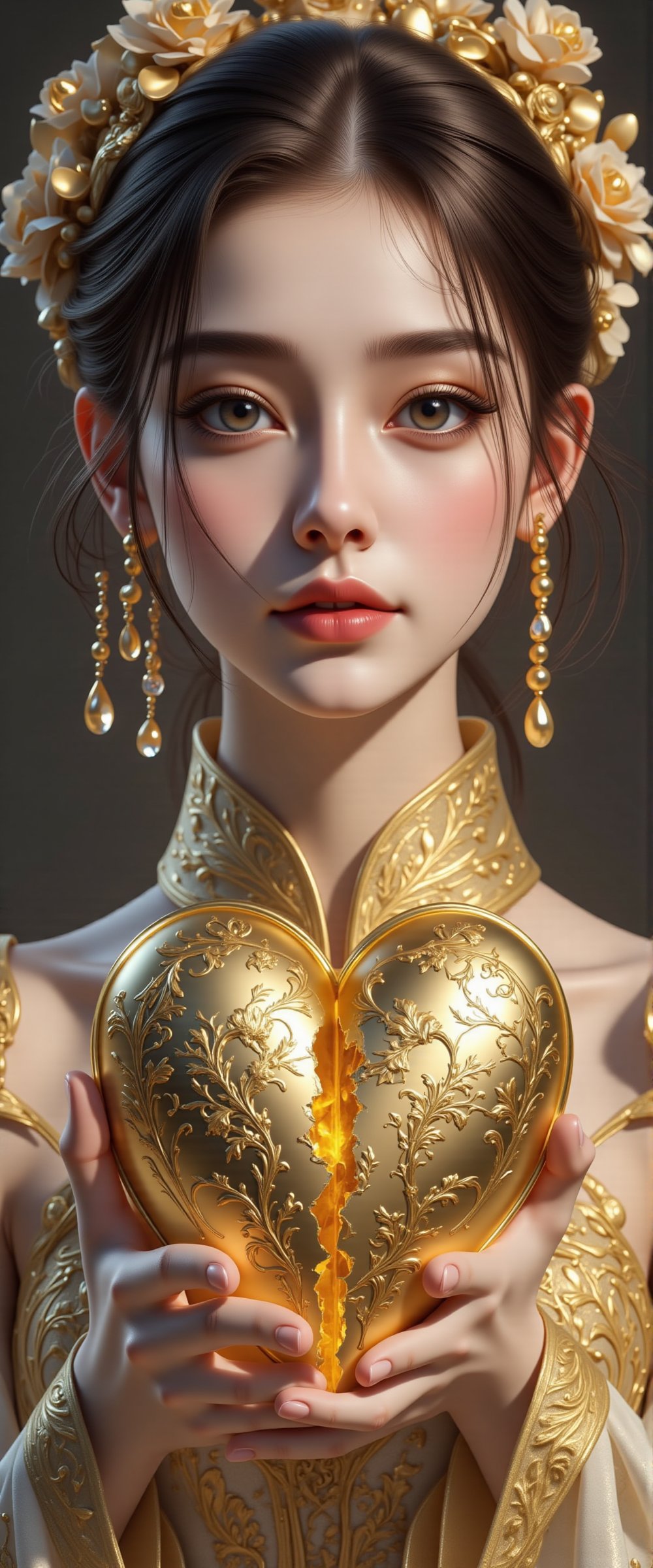 A beautiful and charming woman holds a heart-shaped gold heart in her hands (metal reflection).She sadly looked at the pur...