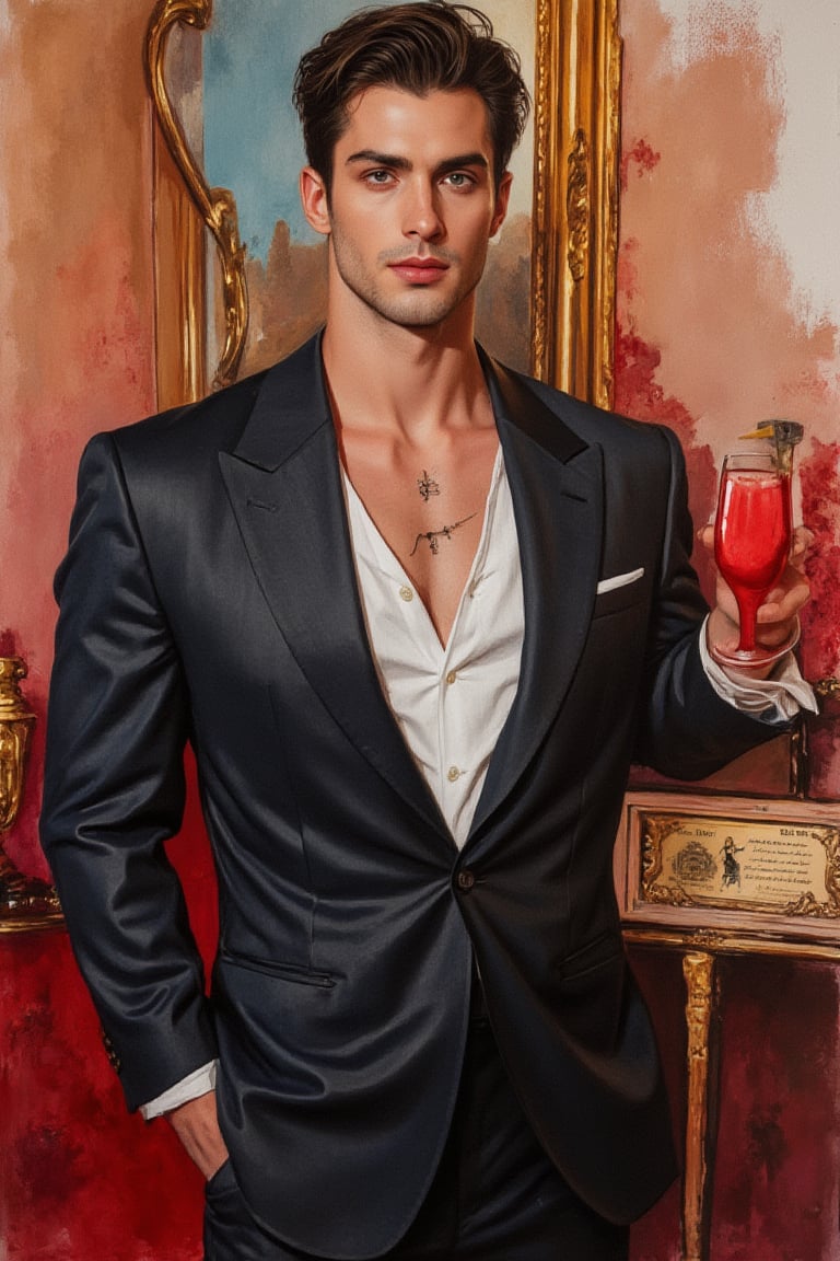 An emo handsome European guy with a tall, sexy, and well-proportioned figure attends a high-end cocktail party, wearing fashionable clothes inspired by the most popular Paris and Italian fashions. He exudes a luxurious and elegant aristocratic atmosphere. The artwork is meticulously and realistically depicted in watercolor and gouache, displaying lifelike quality and masterpiece status. 128K resolution captures colorful light wavelengths, mesmerizing reflections, and delicate gouache sketches of his entire body. The modern art style highlights beauty and sophistication.