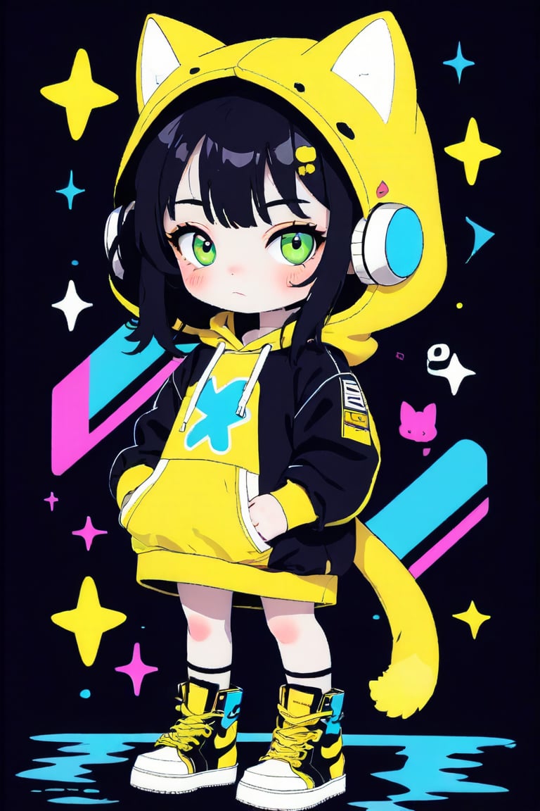 Taiwanese vtuber, 1girl, beautiful anime character, beautiful green eyes, air bangs, lollipop punk fashion, cute cartoon ello kitty shaped hoodie, cat earmuffs, pastel color clothes based on yellow and black , soft mood fashion, anime print shirt, gothic style tights, long combat boots, score_8, score_7_up, dal-7 style, blue mood, mood, modern art style, vspop, 2.5D three-dimensional style, illustration, ek_an1_b00ster