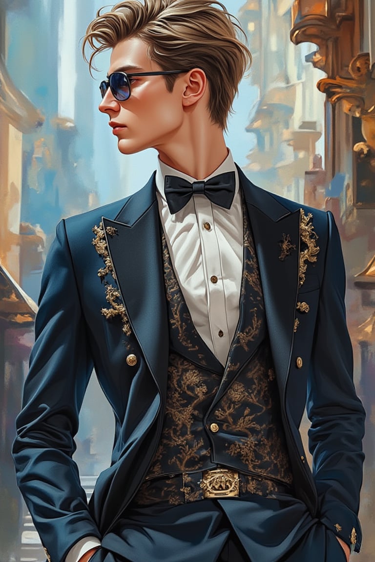 Emo handsome European guy with a tall, sexy, and well-proportioned figure, wearing fashionable clothes to attend a high-end cocktail party, exuding a luxurious and elegant aristocratic atmosphere, inspired by the most popular Paris and Italian fashions. Artwork meticulously and realistically depicted in watercolor and gouache, displaying lifelike quality and masterpiece status. 128K resolution captures colorful light wavelengths, mesmerizing reflections, and delicate gouache sketches of his entire body. Modern art style highlights beauty and sophistication.