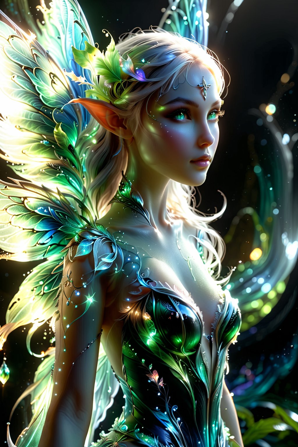 An amazing hybrid of fairy/alien/elf, fairies are extremely beautiful: the entire palette is dominated by black. light and shadow. whole body.
An extremely beautiful masterpiece, 8K