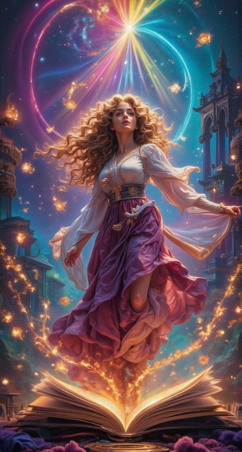 Create an image of a beautiful attractive young European woman with long curly hair standing in front of an open book. She seems to be traveling between worlds, and scenes from different fantasy worlds emerge from the pages. Her eyes are wide and full of wonder, and her flowing costume gives a sense of movement. The background shifts between vibrant colors, magical creatures, the colorful glow of magic and ancient cities, blending together seamlessly, as if the world in the book is coming to life around her. Beautiful magical fantasy art.