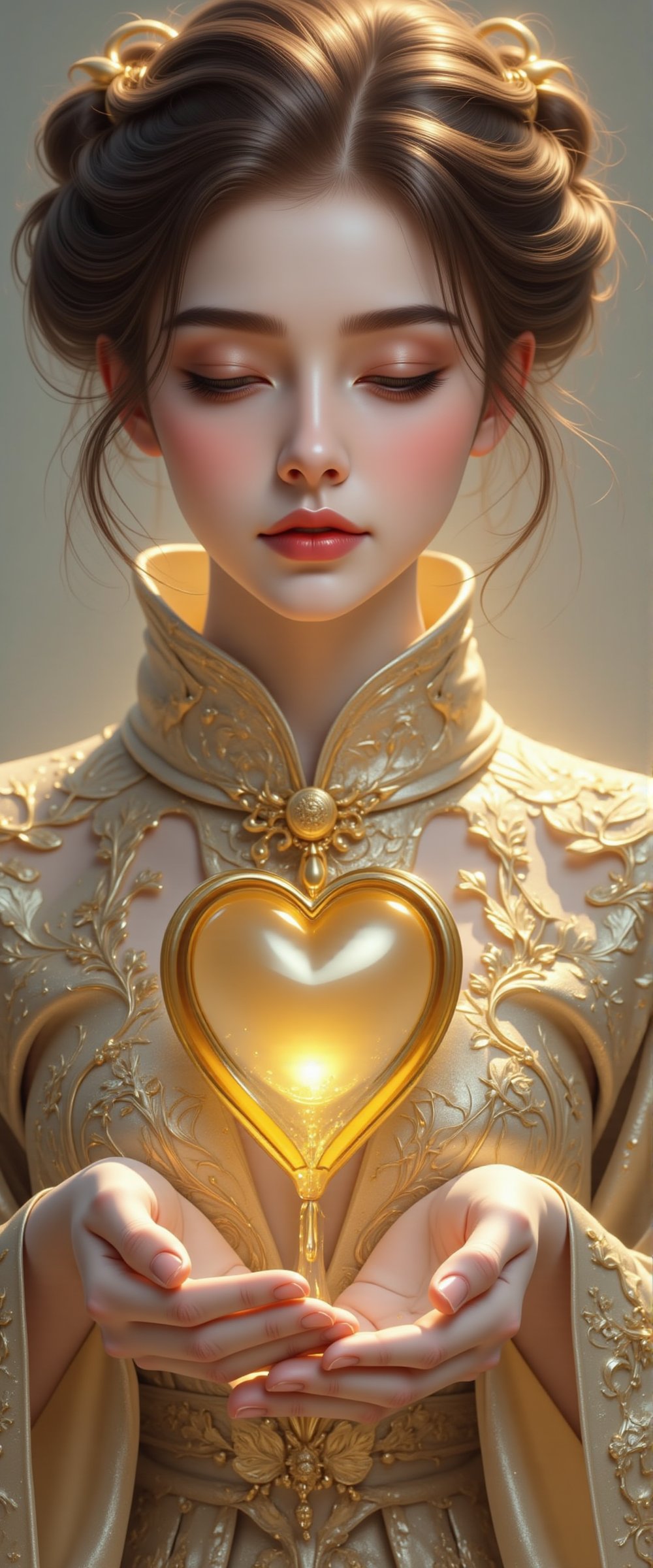 A beautiful and charming woman holds a heart-shaped gold heart in her hands (metal reflection).She sadly looked at the pur...