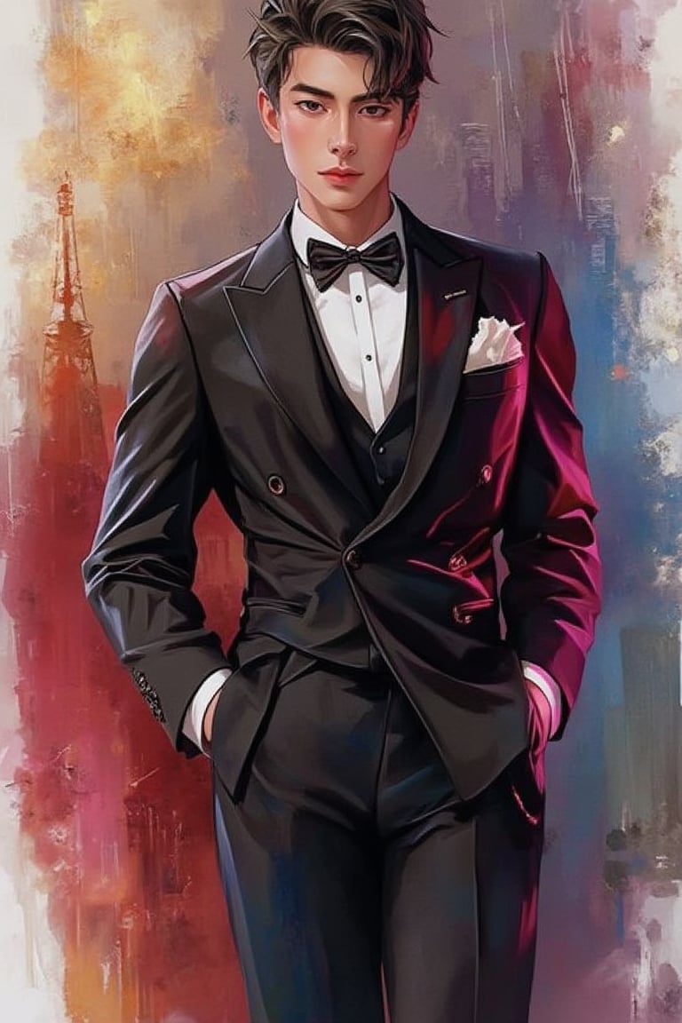 Emo handsome European guy with a tall, sexy, and well-proportioned figure, wearing fashionable clothes to attend a high-end cocktail party, exuding a luxurious and elegant aristocratic atmosphere, inspired by the most popular Paris and Italian fashions. Artwork meticulously and realistically depicted in watercolor and gouache, displaying lifelike quality and masterpiece status. 128K resolution captures colorful light wavelengths, mesmerizing reflections, and delicate gouache sketches of his entire body. Modern art style highlights beauty and sophistication.