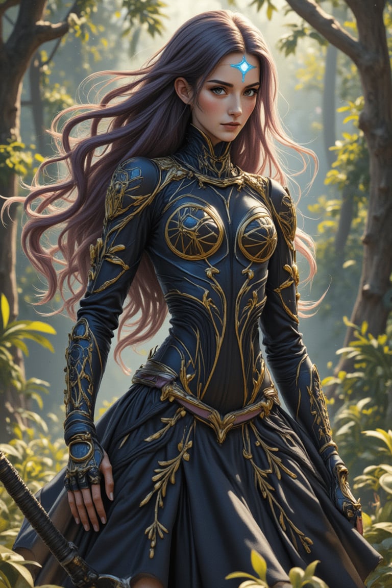 A myp0rt animated character, the bio-mechanical huntress, with beautiful and silky purple-black flowing hair and golden tips, adorned with a tribal mark on her upper right forehead: a little blue glowing lightning bolt. She wears full armor decorated with golden leaves and vines, seamlessly integrated with her skin, and enhanced visual sensors. Holding a high-tech bow, she moves agilely through the forest, like a cheetah's speed, full of strong impact and fusion. The tense and abstract background, an overgrown jungle intertwined with futuristic technology, creates a visually captivating and dynamic scene.