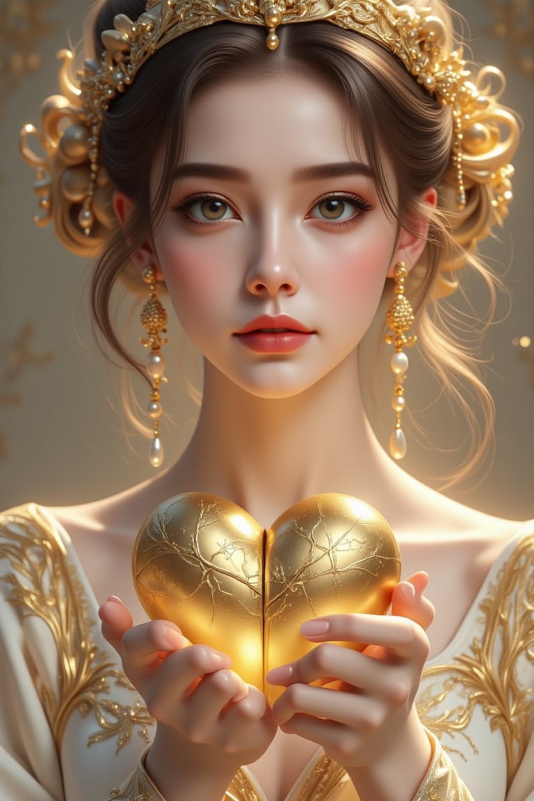A beautiful and charming woman holds a heart-shaped gold heart in her hands (metal reflection).She sadly looked at the pur...