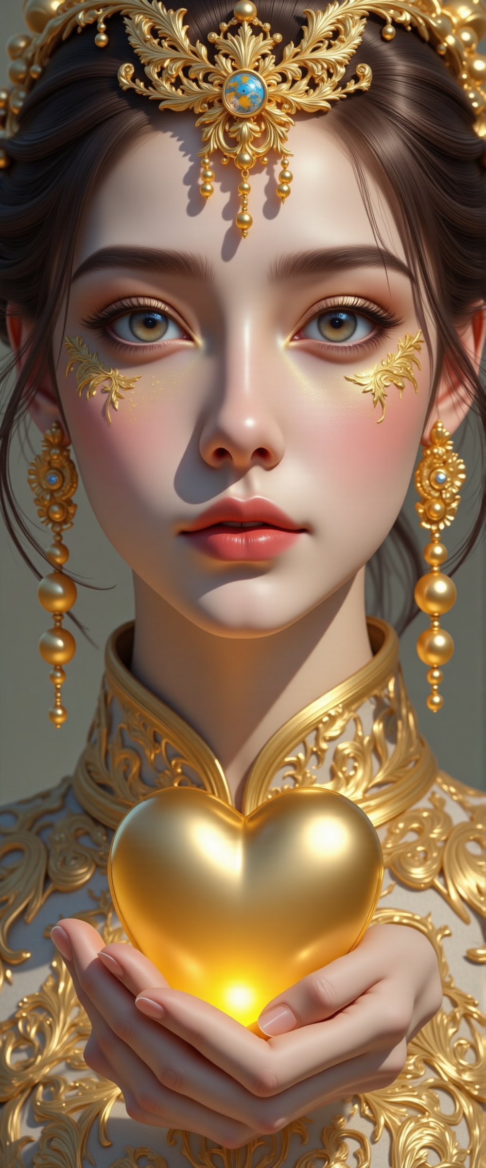A beautiful and charming woman holds a heart-shaped gold heart in her hands (metal reflection).She sadly looked at the pur...