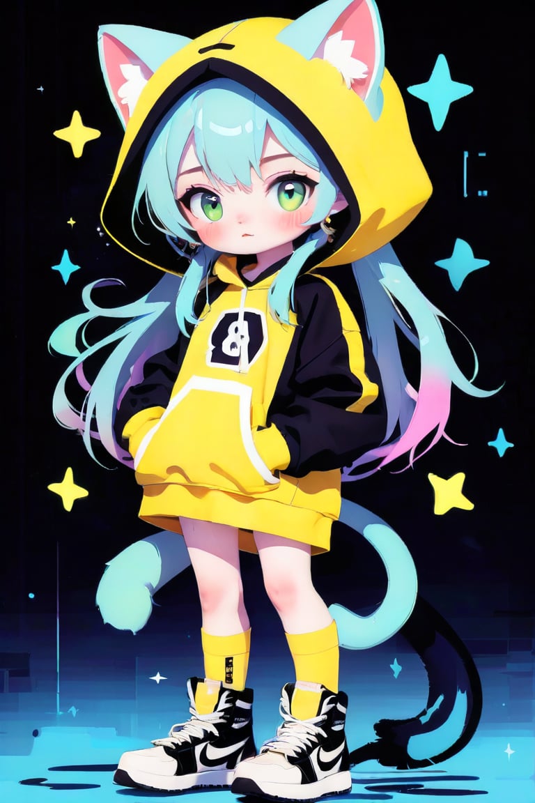 Taiwanese vtuber, 1girl, beautiful anime character, beautiful green eyes, air bangs, lollipop punk fashion, cute cartoon ello kitty shaped hoodie, cat earmuffs, pastel color clothes based on yellow and black , soft mood fashion, anime print shirt, gothic style tights, long combat boots, score_8, score_7_up, dal-7 style, blue mood, mood, modern art style, vspop, 2.5D three-dimensional style, illustration, ek_an1_b00ster