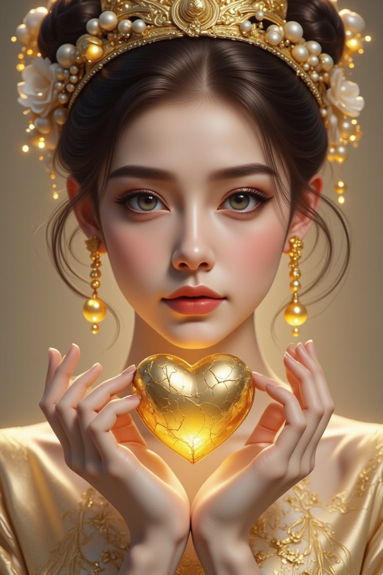 A beautiful and charming woman holds a heart-shaped gold heart in her hands (metal reflection).She sadly looked at the pur...