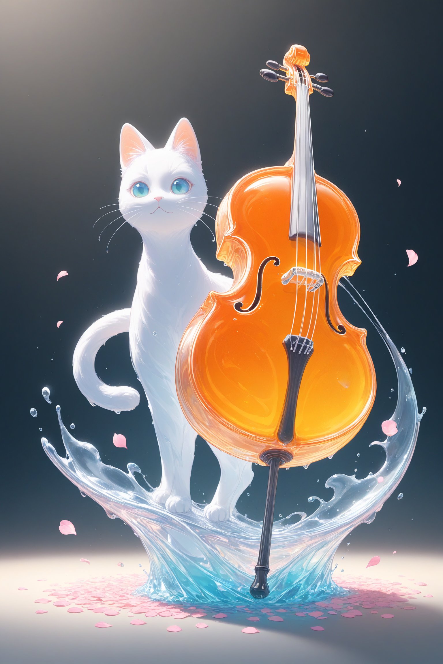 {Elegant crystal glass cello with beautiful curves filled with marbled orange and white liquid forming the shape of a cat. Cats have hair and texture. Smooth animal silhouettes with wavy dynamic movement. Pastel petals float around the vase. }