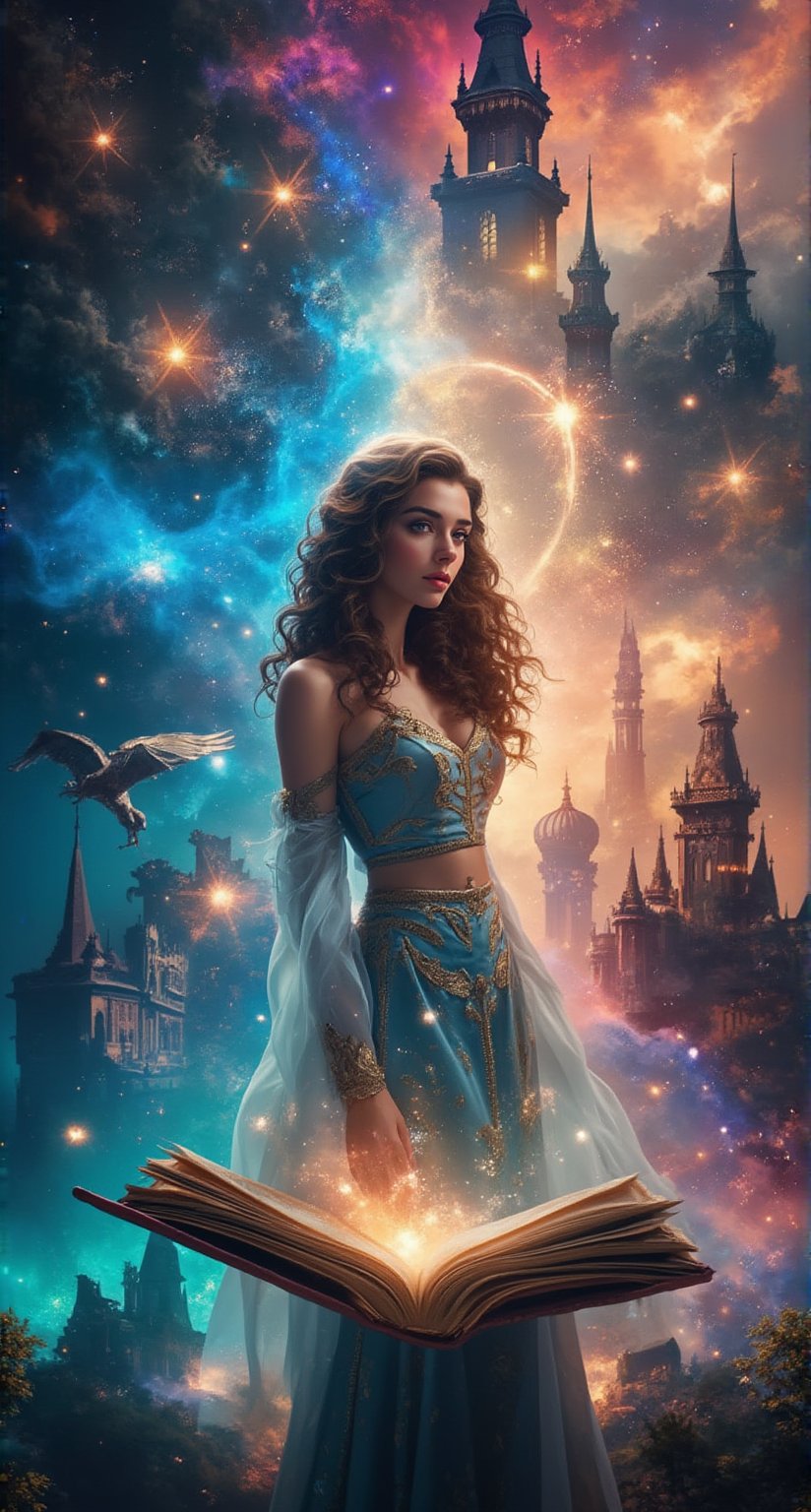 Create an image of a beautiful attractive young European woman with long curly hair standing in front of an open book. She seems to be traveling between worlds, and scenes from different fantasy worlds emerge from the pages. Her eyes are wide and full of wonder, and her flowing costume gives a sense of movement. The background shifts between vibrant colors, magical creatures, the colorful glow of magic and ancient cities, blending together seamlessly, as if the world in the book is coming to life around her. Beautiful magical fantasy art.