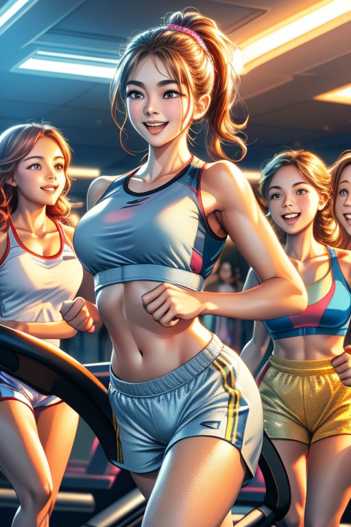 A masterpiece in 3D rendering, featuring an exceptionally handsome Korean supermodel, exuding youthful vigor as he runs on a treadmill in a fitness center. His attire consists of a sporty top and shorts, perfectly complementing his athletic build and radiant, sweat-glistening skin. His chiseled features and joyful expression draw the attention of several enthusiastic girls who gather around him, eager to engage in conversations about fitness tips. The scene is illuminated with dynamic lighting, casting soft shadows that enhance the depth of his features and the warmth of the interaction. The atmosphere is lively and cheerful, capturing a moment of shared passion and camaraderie in the bustling fitness environment.